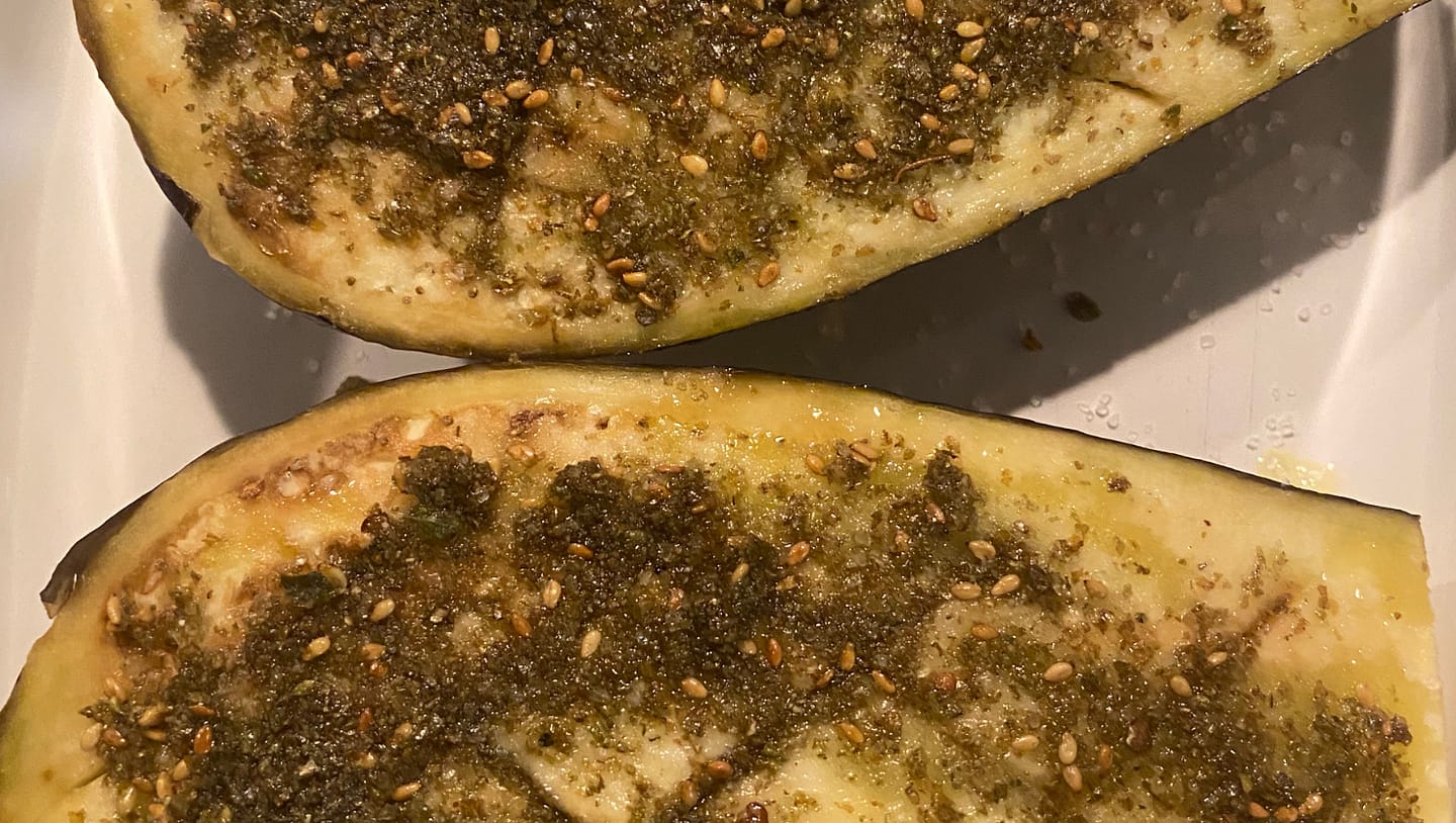 Roasted Eggplant with Middle Eastern–Inspired Green Za’atar