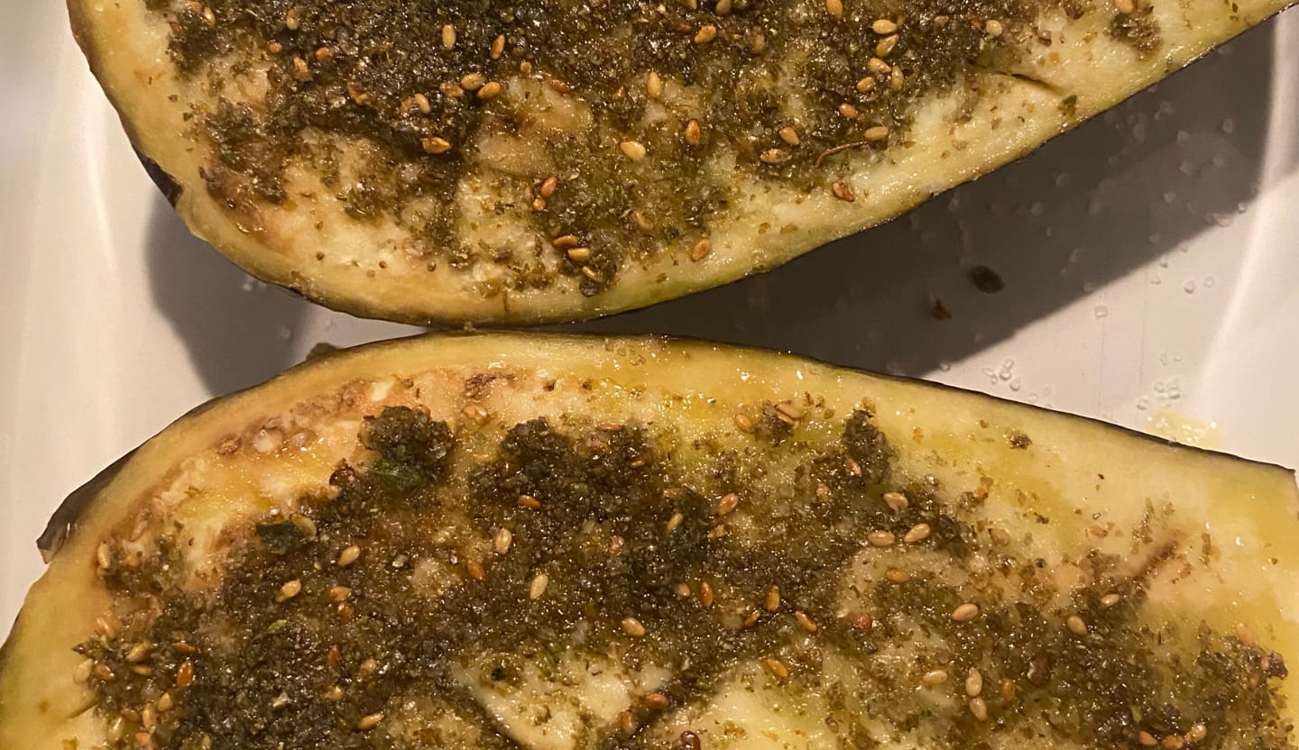 Roasted Eggplant with Middle Eastern–Inspired Green Za’atar